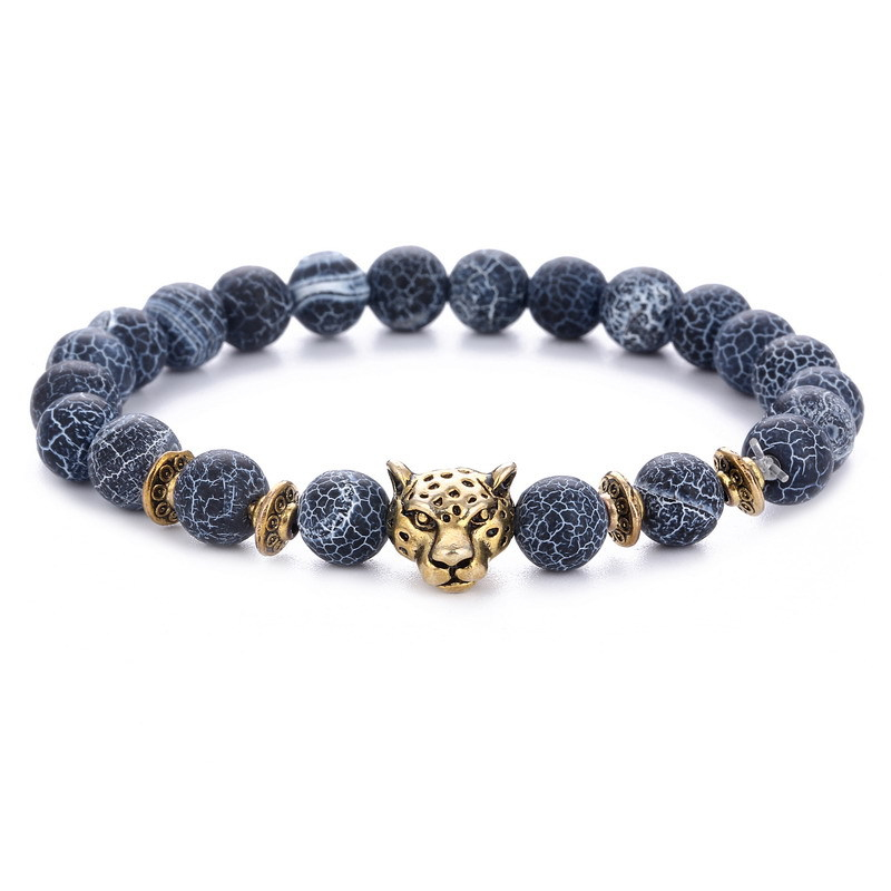 Black Natural Agate Strands Bracelet Antique Gold Silver Leopard Head Charm Bracelets