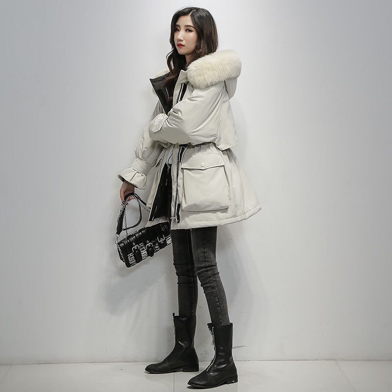 Black Hooded Long-sleeved Fur Collar Winter Warm Chic Female Coat Korean Style Long Fashionable Loose Chic Women's Down Jacket 210507