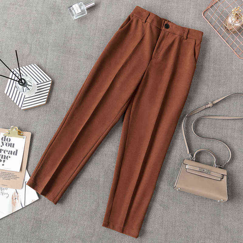 High Waist Woman Woolen pants Loose apricot gray business OL blazer suit female autumn winter 211115