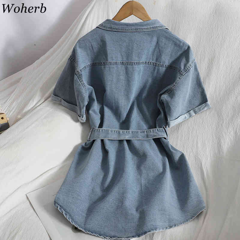Fashion Denim Mini Dress Women Casual All Match Summer Korean Vestidos Slim Fit Pocket Bodycon Short Sleeve Shirt Dresses 210519