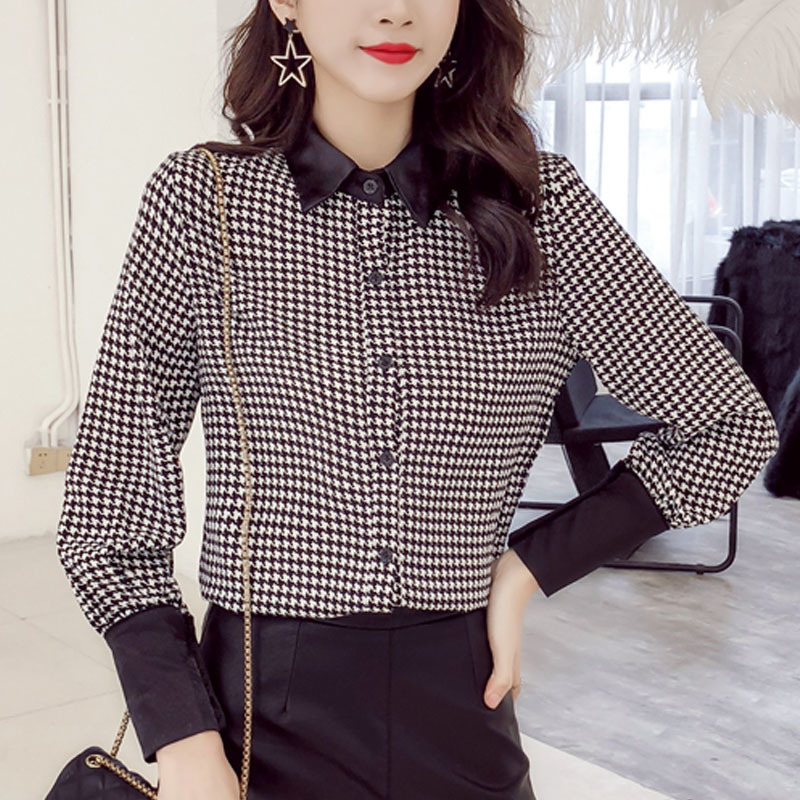 Autumn Fashion Women Blouses Casual Turn-down Neck Tops Long Sleeve Lattice Shirt Office Lady 5705 50 210508
