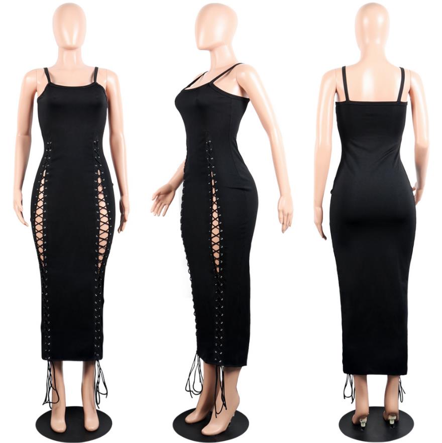 Womens Sexy Lace up Bodycon Long Maxi Dress Spaghetti Straps Hollow Out Backless Knit Ribbed Bandage Clubwear Red Black S-XL