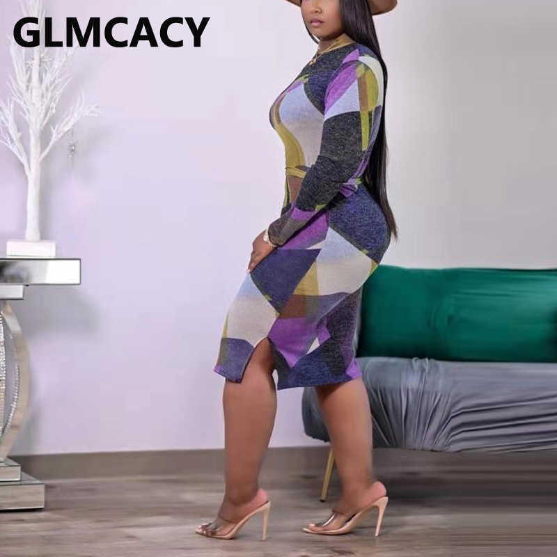 Women Long Sleeve Plaid Midi Dress Casual Slim Slit Dresses 210702