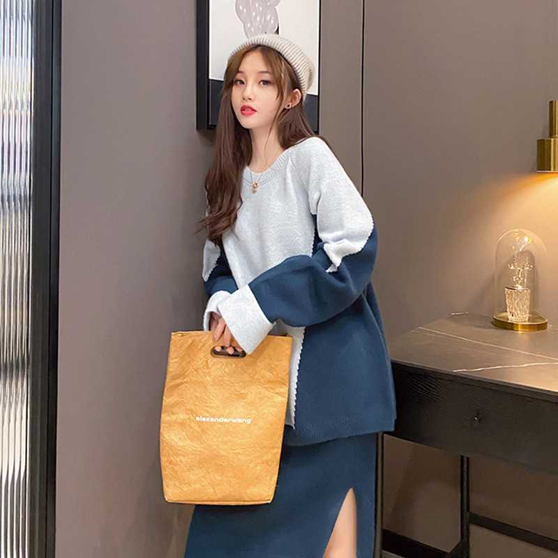 Yedinas Office Ladies Knitted Two Piece Women Sets Skirt Long Sleeve Patckwork Winter 2 Set For Midi Korean 210527