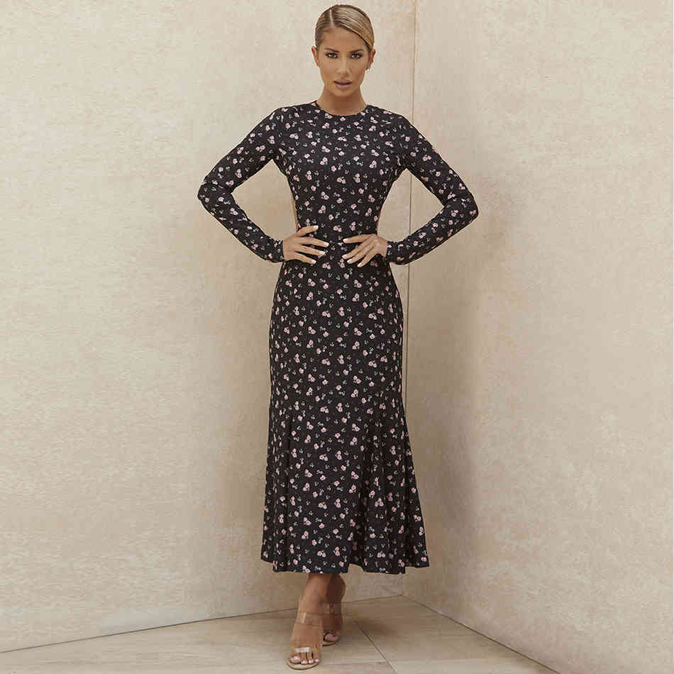 Free Women's Mermaid Print Dress Sexy O-neck Long Sleeve Bodycon Halter Club Midi Celebrity Party 210524