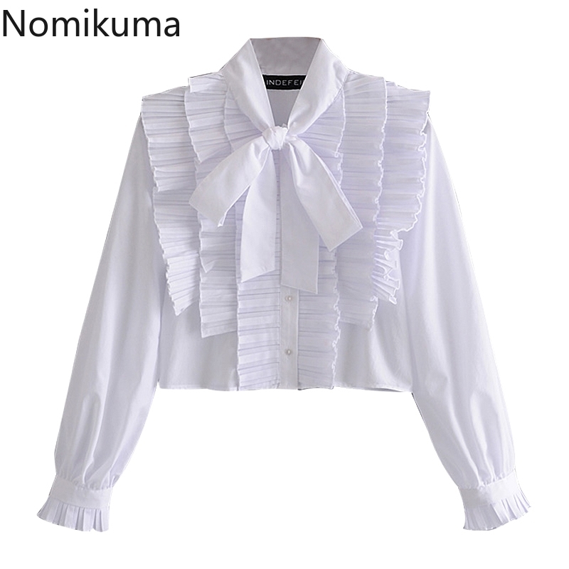 Nomikuma Crop Top Women Shirt Korean Ruffle Patchwork Sweet Tops Bow Tie Collar Long Sleeve Blouse New Short Blusas 6D953 210427