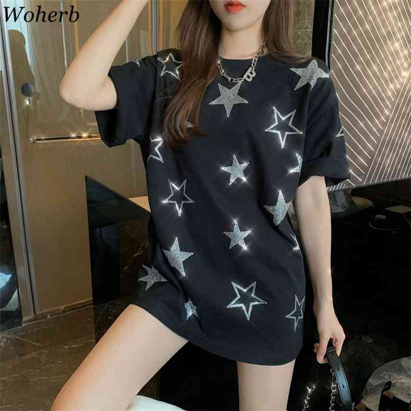 Woheb Casual Loose Long T-shirt Women Star Sequined Patch Summer Black White Short Sleeve T Shirts Harajuku Korean Tops 210519