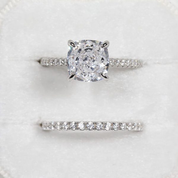 Classic Rings Cushion Cut 25 ct under Halo White Gold Bridal Set In Sterling Silver2457384