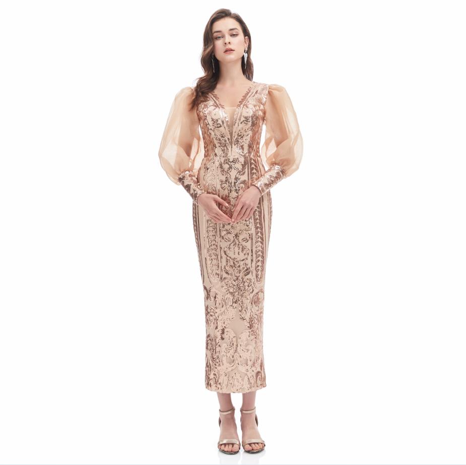 Tea-length Long Sleeve Prom Dresses Real Image Applique Sequins V-neck Burgundy Pink Evening Cocktail Dress in Stock