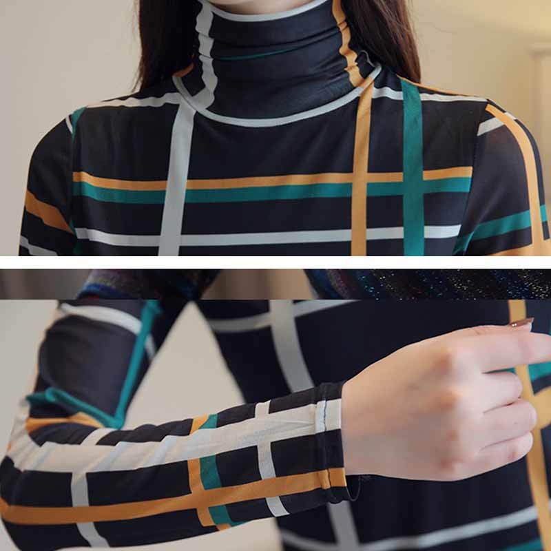 Womens Striped Plaid Tops and Blouses Long Sleeve Women Shirts Plus Size Turtleneck Blouse Blusas Mujer De Moda 1397 210518