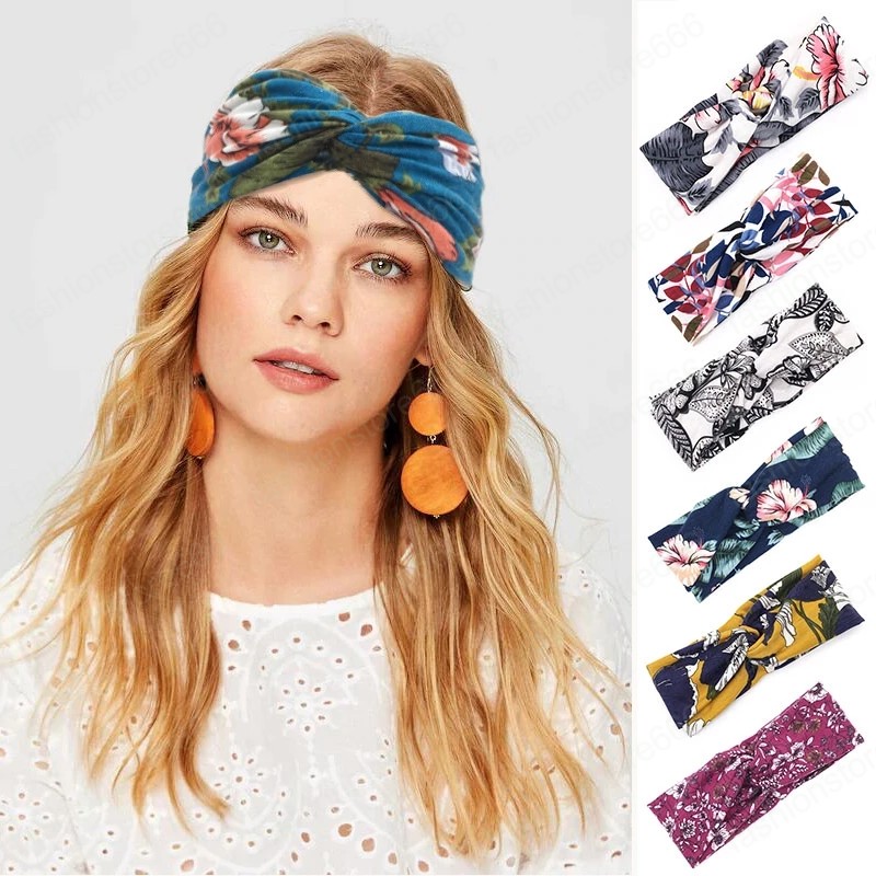Floral Women Headband Spring Cross Knot Stretch Wide Hair Band For Lady Girls Elastic Turban Hairband Hair Accessories