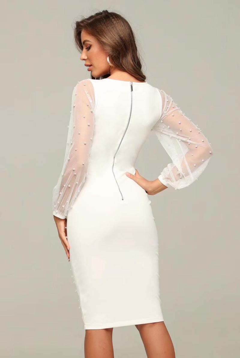 Women Luxury Sexy Long Sleeve Pearl Beading Mesh Black White Winter Dress 2021 Designer Evening Party Vestido Casual Dresses