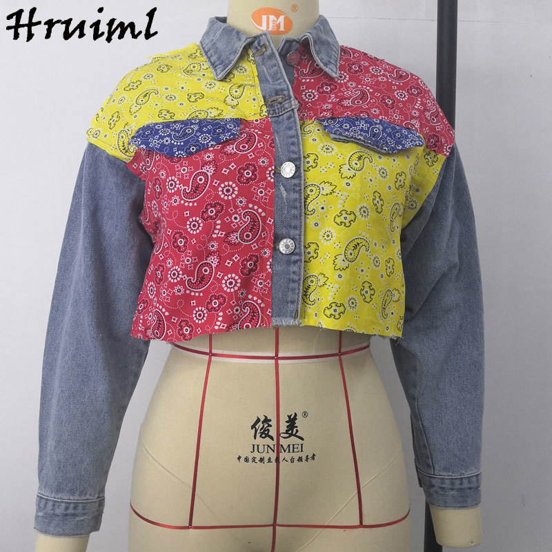 Crop Jean Jacket Fashion Coats and Jackets Women Patchwork Long Sleeve Turn-down Collar Short Coat Button Casual High Street 210513