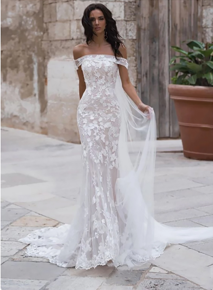 2021 Mermaid Wedding Dress Off The Shoulder Boho Bride Dresses Appliques Lace Elegant vestido de noiva Wedding Gown, White
2021 Mermaid Wedding Dress Off The Shoulder Boho Bride Dresses Appliques Lace Elegant vestido de noiva Wedding Gown, White