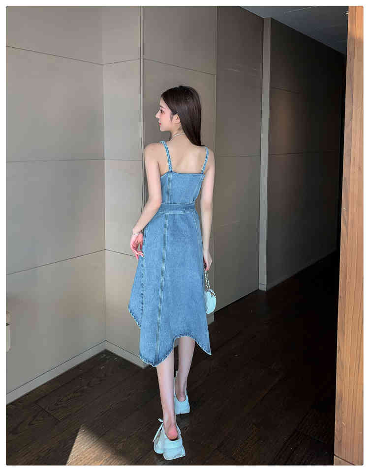 Sexy Women Spaghetti Strap Denim Dress Vestidos Pearl Double Breasted Fashion Slim Chic irregular Dresses Female 210519