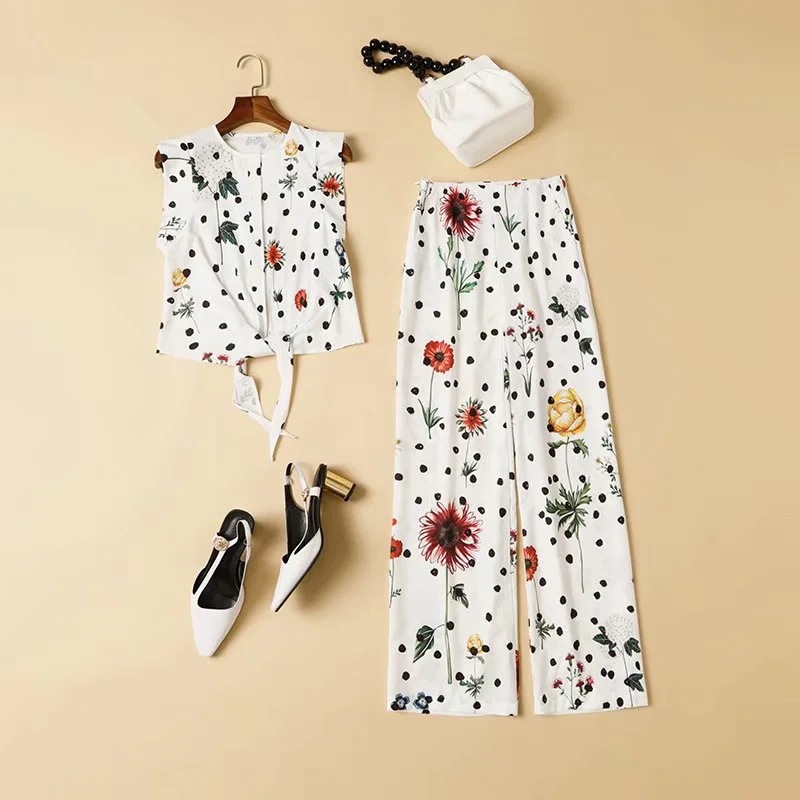 Women's Two Piece Pants Sets O Neck Flare Sleeves Lace Up Blouse with Printed Long Pant Fashion Runway Twinsets