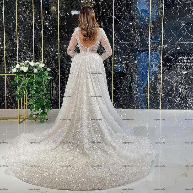 Sparking Long Sleeves Mermaid Wedding Dresses with Detachable Train 2022 Lace Sequined High Neck Backless Bridal Gown Vestido