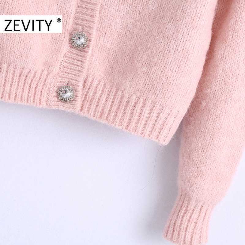 Zevity Women Fashion Color Matching Blue Collar Patchwork Pink Knitting Sweater Femme Chic Diamond Button Cardigan Tops S430 210603