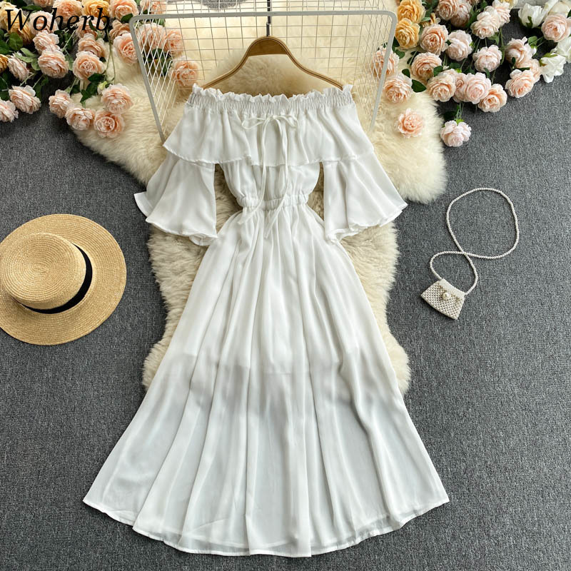 Women Dress Summer Robe Beach Style Slash Neck Off Shoulder Flared Sleeves Slim Vestidos Korean Ruffles Dresses 210519