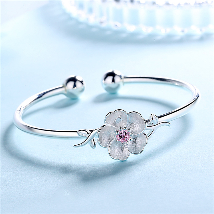 Sterling Silver Plated Cuff Bangle with Rose Quartz & Floral Design - Elegant Womens Jewelery