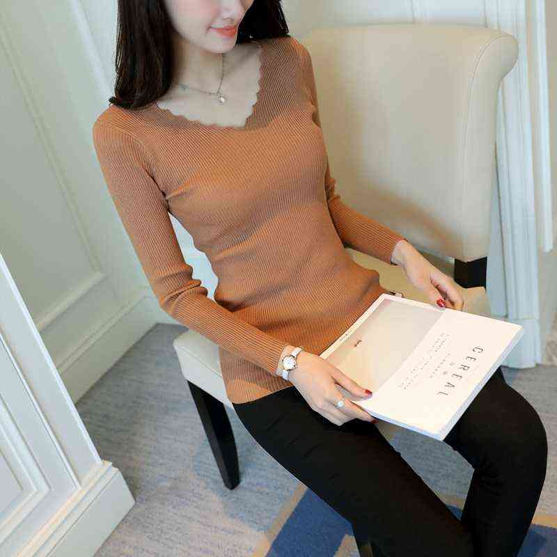 Autumn Long Sleeve Sweater Women Winter Pullovers Solid Black White Knitted Sweater Tops Wave Cut V-neck Basic Office 7809 50 211109
