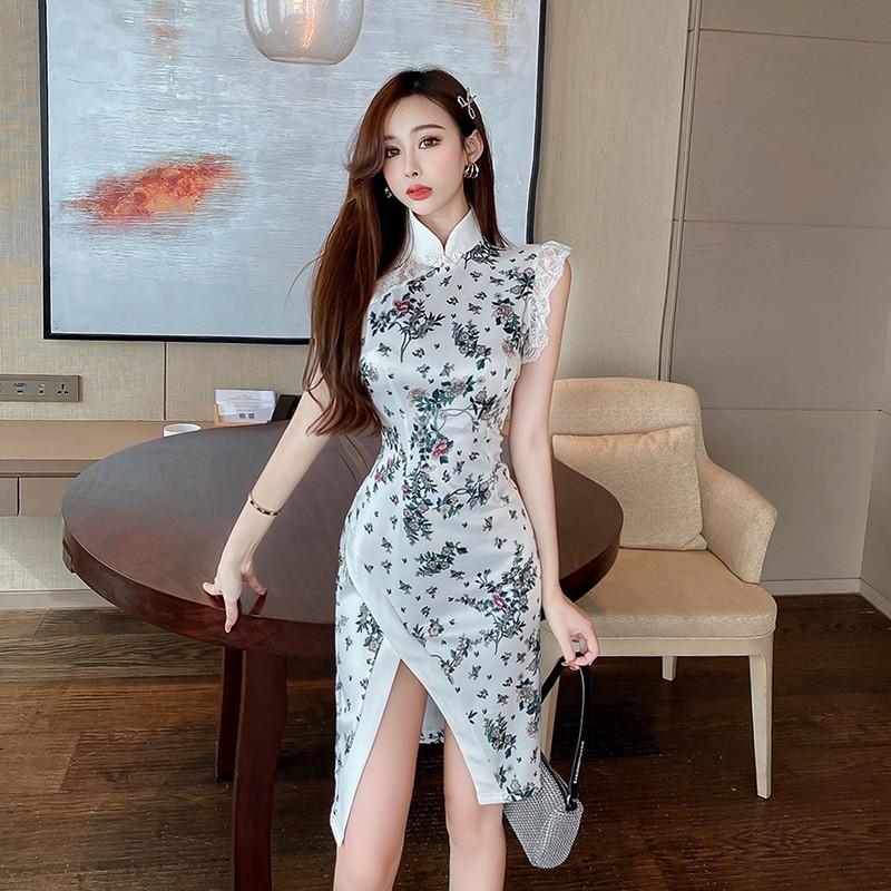 Real S 2021 Fashion Women's Sexy Printed Cheongsam Belly Slimming Retro Split Dress Casual Dresses