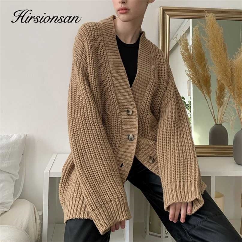 Hirsionsan Cashmere Long Sleeve Sweater Women Single-Breasted Female Cardigan V Neck Soft Loose Knitted Outwear Jumpers 211011Z