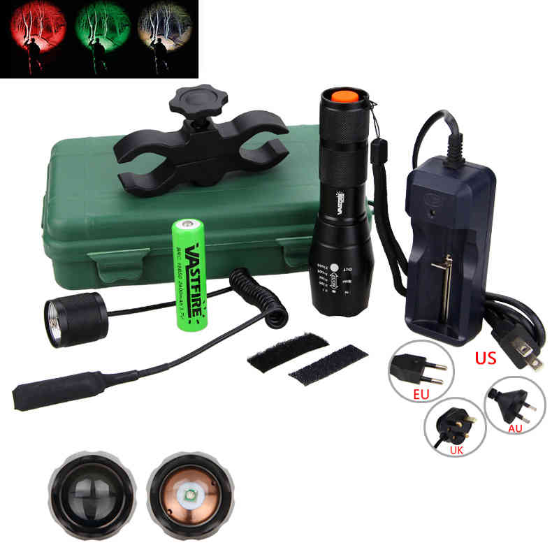Green/Red/White Hunting Light 5000 Lumens Tactical Adjustable Focus Torch+Hunting Mount+18650 Battery Set+Remote Pressure Switch 210322
Green/Red/White Hunting Light 5000 Lumens Tactical Adjustable Focus Torch+Hunting Mount+18650 Battery Set+Remote Pressure Switch 210322