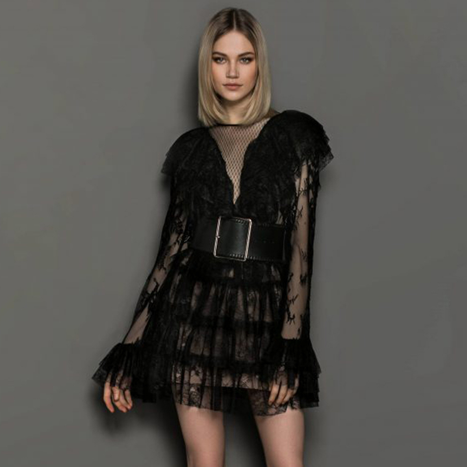 Black Lace Mini Fashion Women's Summer Dress Sexy Long Sleeve Sashes Evening Runway Club Party Outfit Lady 210423
