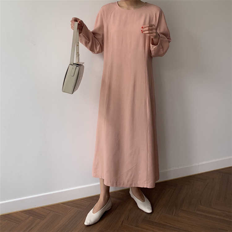 LY VAREY LIN Summer Long Sleeve Tie Up Slim Dress A line Solid O Neck High Waist Mid-Calf Women Party 210526