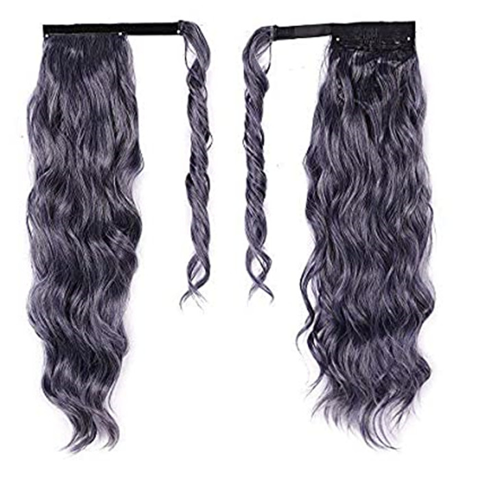 Gray Wavy Ponytail Extension for Black Women human Wrap Around grey Ponytail Long Curly Wave Clip in Magic Paste Hairpiece 22inch