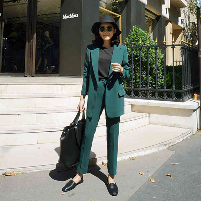 Women Single botton Work Blazer Suits OL Pants Suit Notched Blazers Jackets With Trouser Two Pieces Set Red Pink GREEN 210510