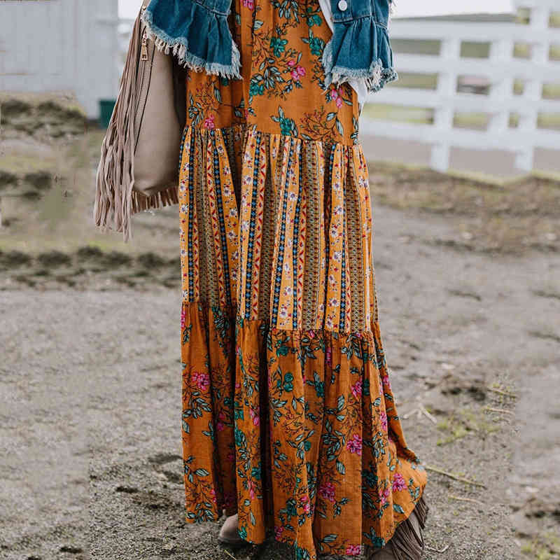 Women Skirt Vintage All Match High Waist Plus Size Long Printing Beach s For Fashion 210524