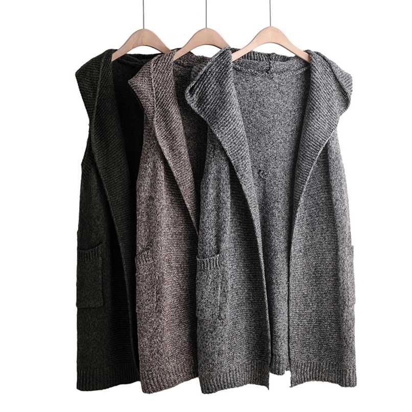 Women Outwear Knitted Vest Hooded Autumn Winter WaistCoat Long Solid Open Stitch Sleeveless Cardigan Female Vests Sweater 211120
