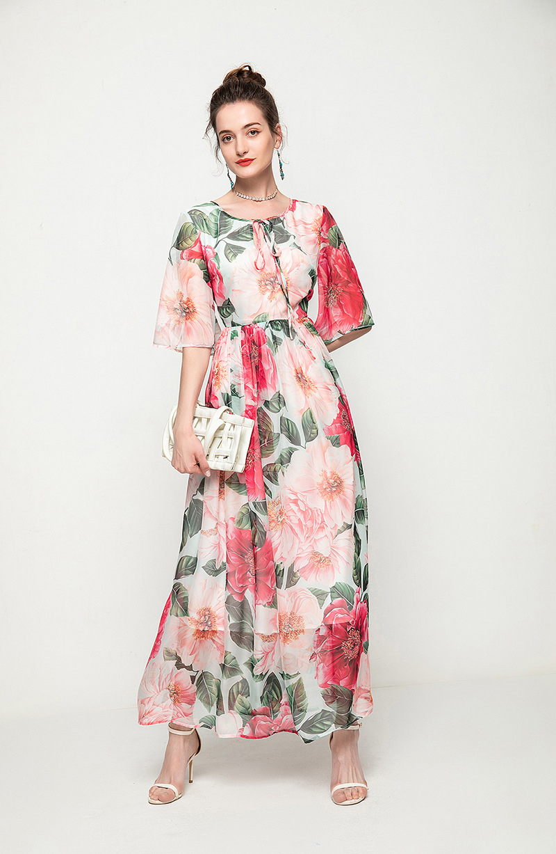 Women's Runway Dress O Neck Short Sleeves Lace Up Floral Printed Elegant Long Dresses Vestidos