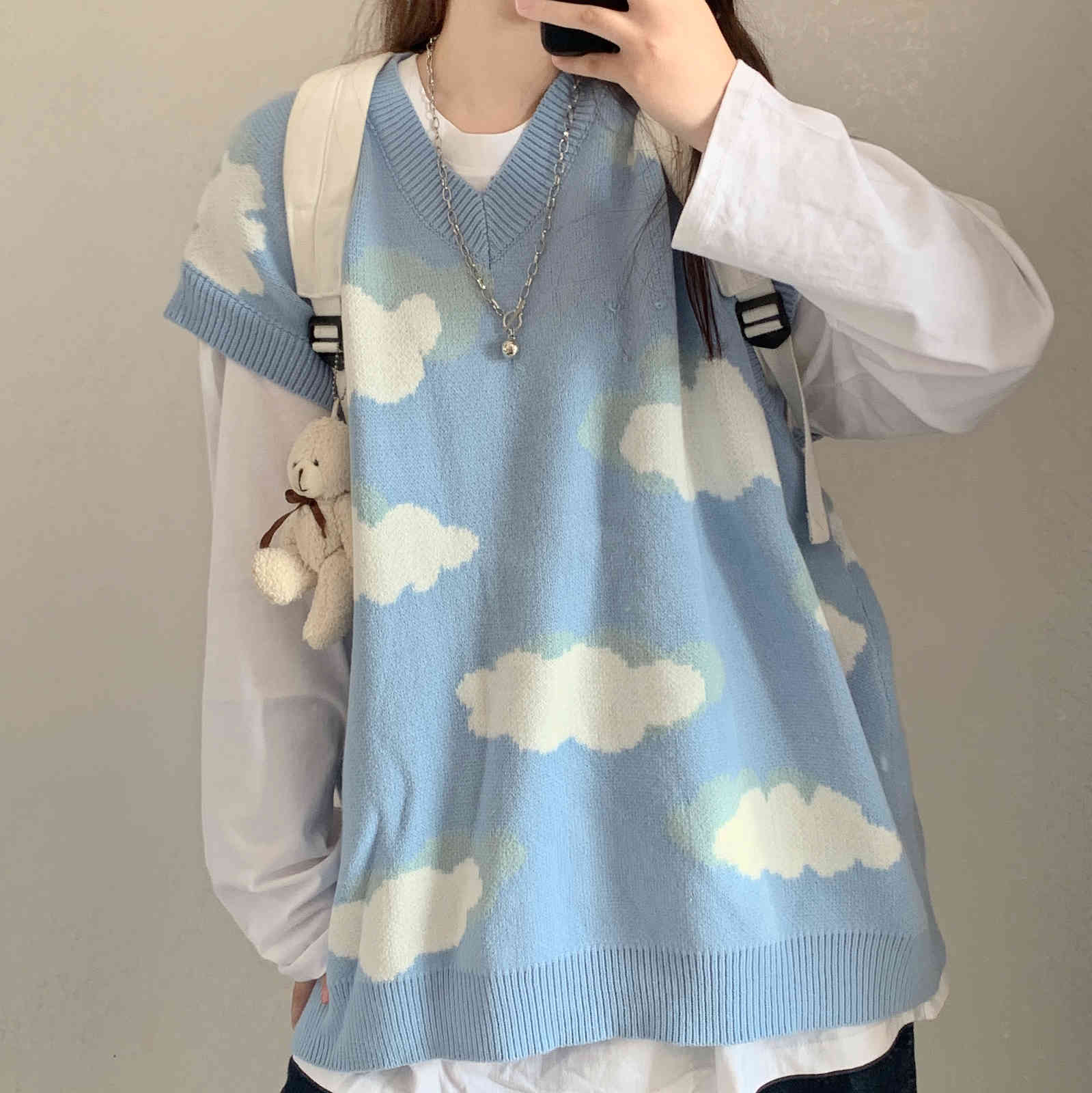 Nomikuma Autumn Winter Knitted Sleeveless Pullover Causal V-neck Oversized Women Sweater Korean Cloud Pull Femme 6C799 210427