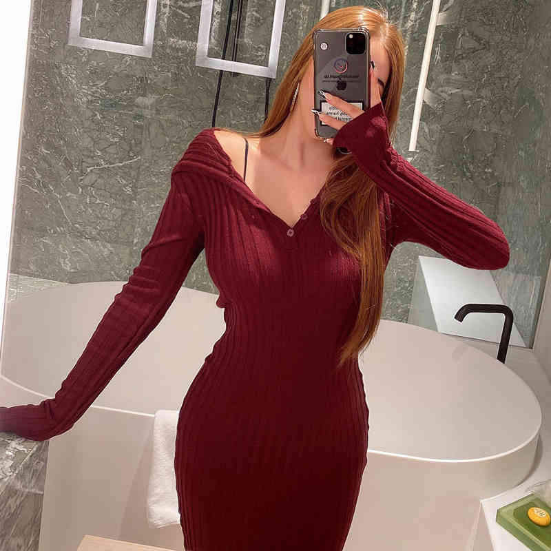 Vintage Women Hooded Knitted Full Sleeve Casual Sweater Midi Dresses Female Autumn Winter Single-Breasted Vestido 210520