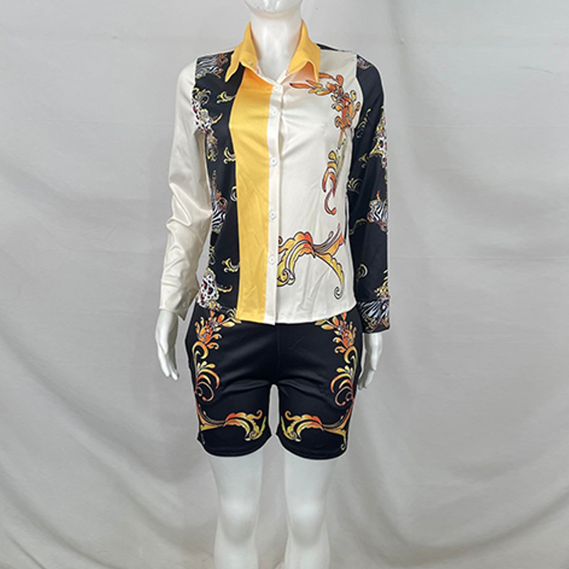 Two Piece Summer Vintage Shorts Suits Long Sleeve Button Down Shirts Blouse & Regular Shorts Set 210521