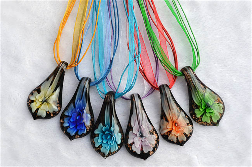 Charm Waterdrop Shape Art Murano Lampwork Glass Pendant Necklace Flowers Inside for Women Girls Summer Jewelry