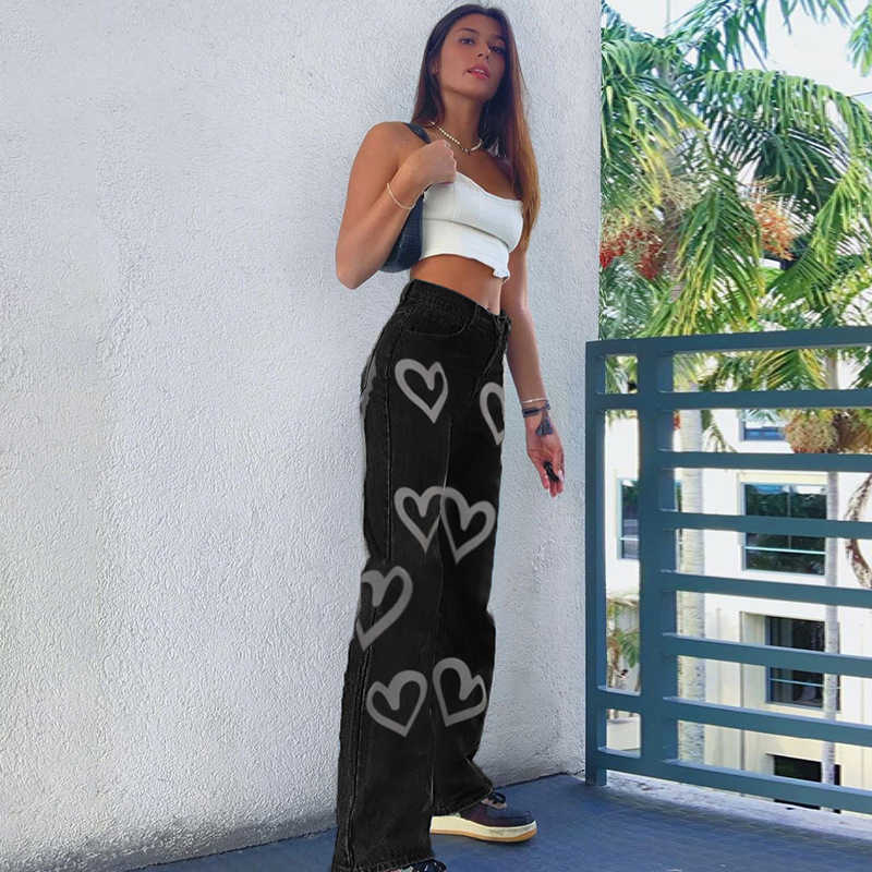 Casual Printed Heart Straight Slim Jeans Vintage High Waist Trousers Women Fashion Denim Pants Vaqueros Mujer Streetwear 210922