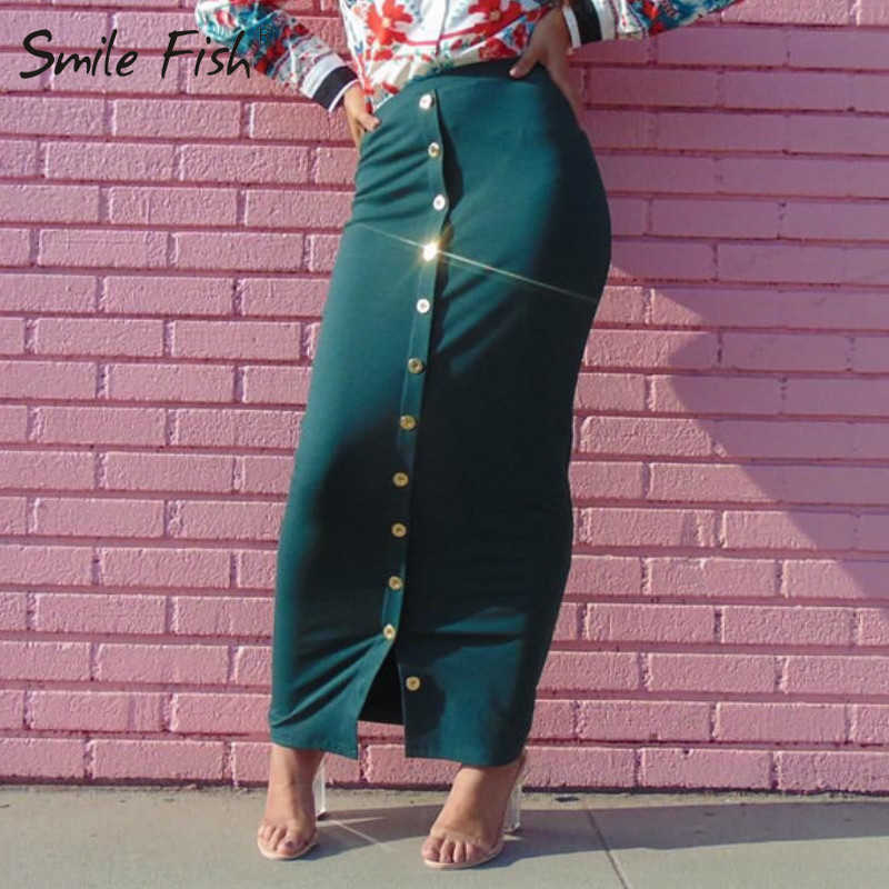 Winter Autumn Skirts High Waist Muslim Buttons Bodycon Sheath Long Skirt Women Solid Femme Pencil Streetwear GV799 210619