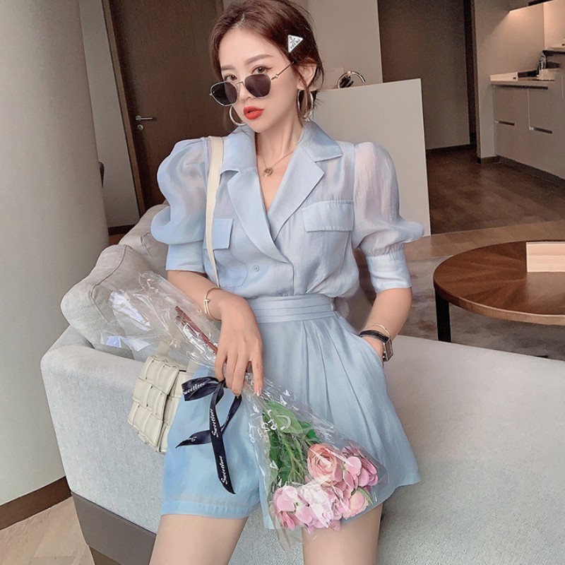 Korea Two Piece Sets Women Solid Color Lapel Puff Sleeve Blouse Top + Mini Pant Suits Summer Fashion OL Clothing Suit 210518