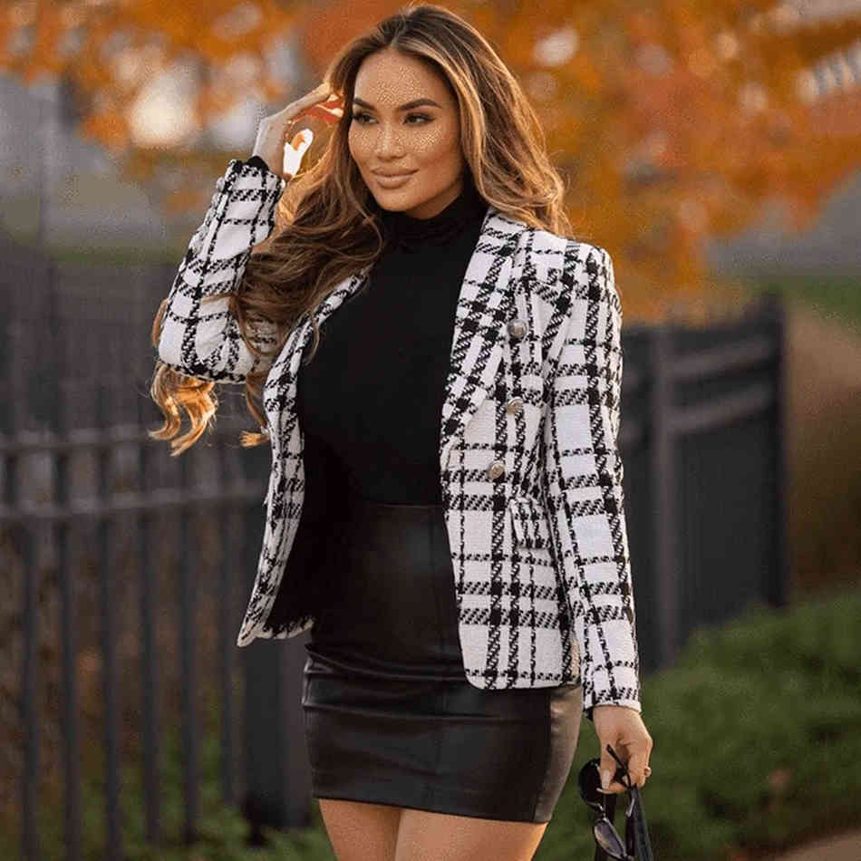 Free Ladies Tweed Jacket Fashion Office Black and White Houndstooth Women Autumn Retro Plaid 210524