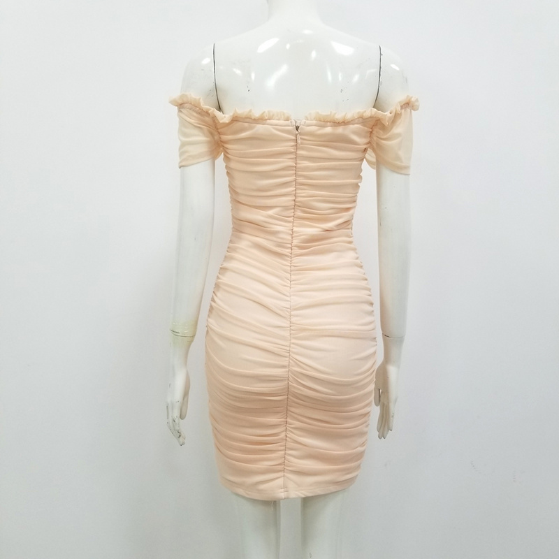 Fall High Quality Nude Muddy Neck Mesh Bodycon Rayon Bandage Mini Dress Elegant Strapless Sexy Party 210525