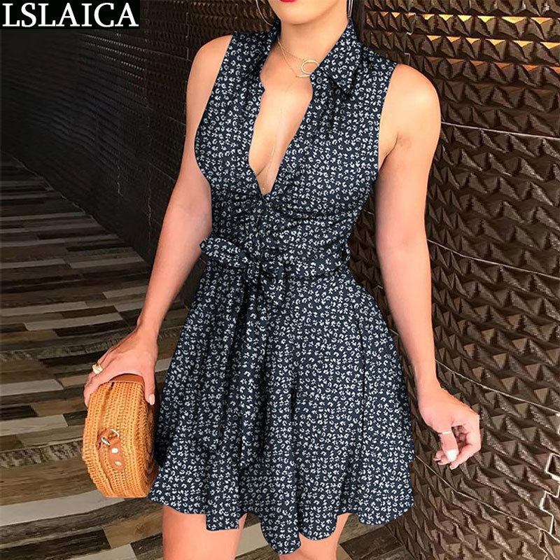 Club Dress Turn-Down Collar Button Womens Dresses Sleeveless Slim A-Line Lacing Up Party Elegant Mini Vestidos Casua 210515