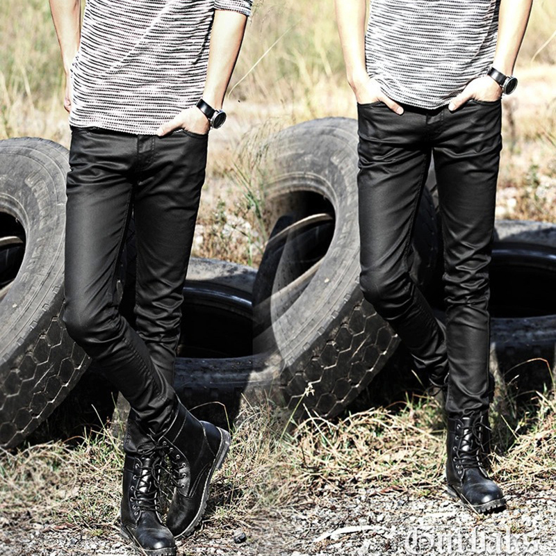Idopy Men`s Coated Jeans Korean Fashion Cool Waxed Slim Fit Biker Denim Pants 210318