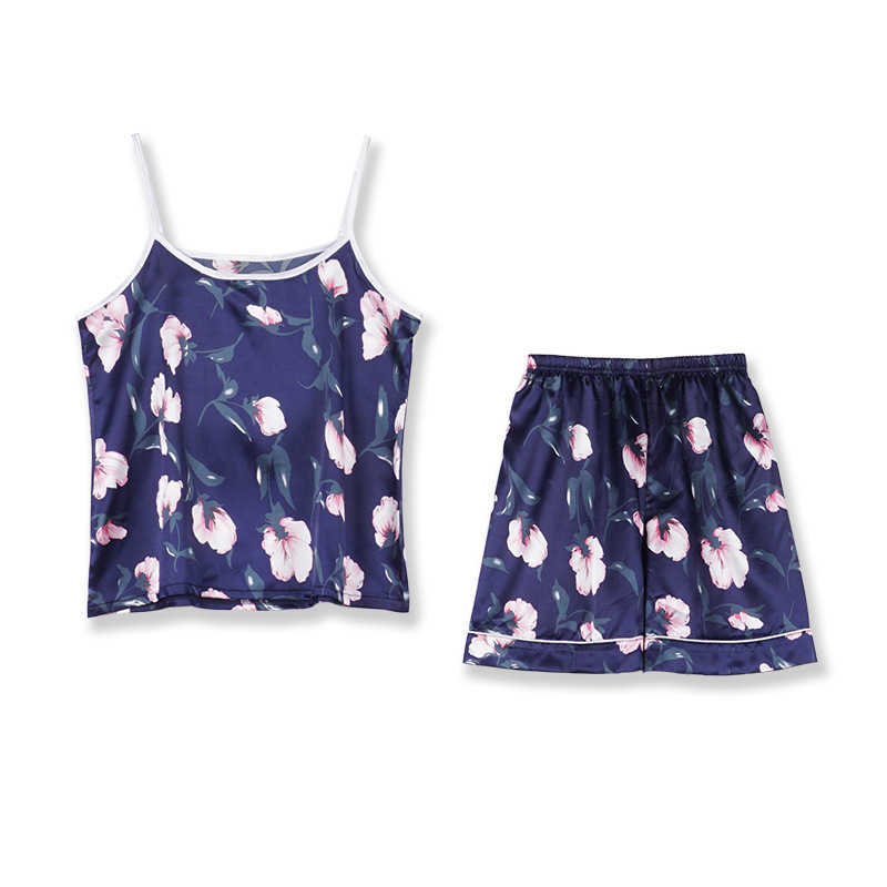 Spring Pajamas Suit Women Satin Home Wear Print Flower Sleep Set With Pocket Intimate Lingerie Navy Blue Pyjamas Q0706