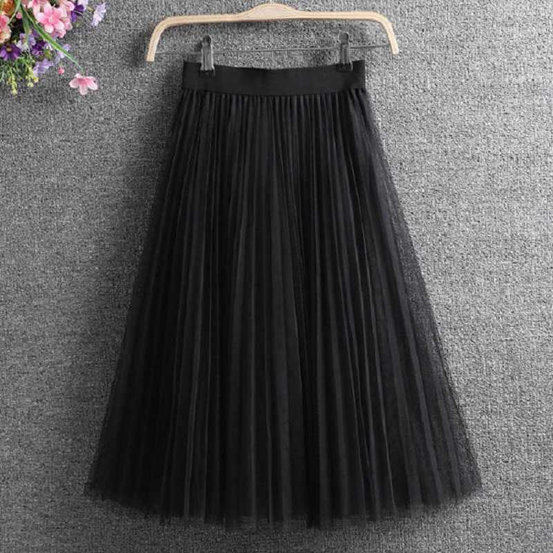 Ladies Vintage Summer Skirts Womens Casual Elastic High Waist Elegant Sexy Midi Pleated Mesh Tutu Women Tulle Female 210619
