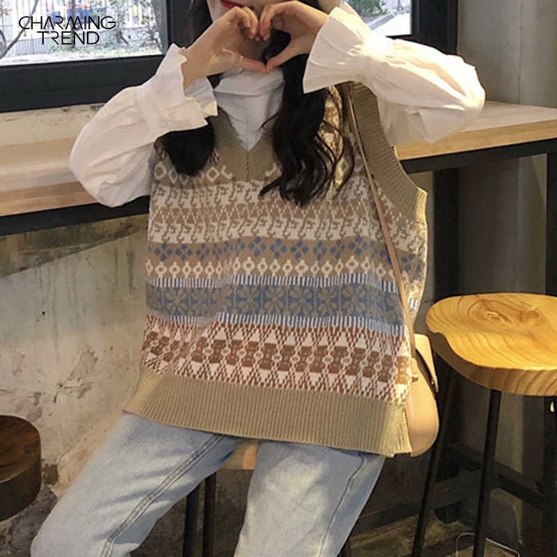 Retro Sweater Vest Women Autumn V-neck Knitted Sleeveless Pullover Vest Preppy Girl Tops Waistcoats Stripe splicing Khaki 210702