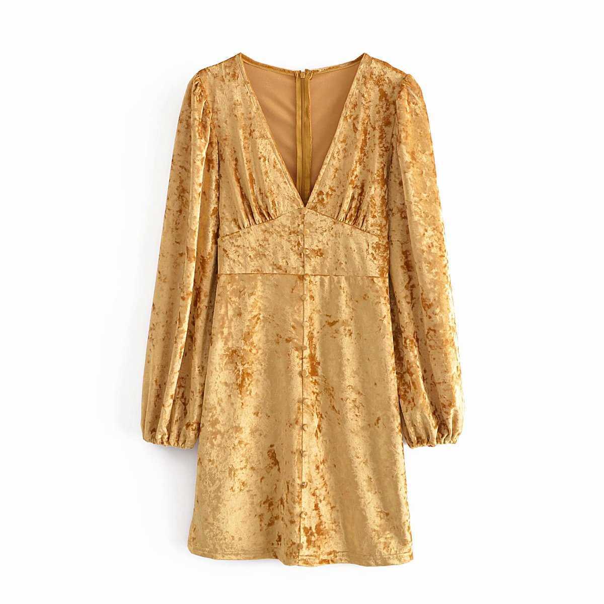 Velvet Dress Women V-neck Lantern Sleeves Elegant Casual Chic Lady Short Prom Dress Woman Robe Femme 210709